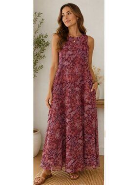 Lonnee Women’s M Maxi Dress Burgundy Floral Semi Sheer Boho Romantic Cottagecore